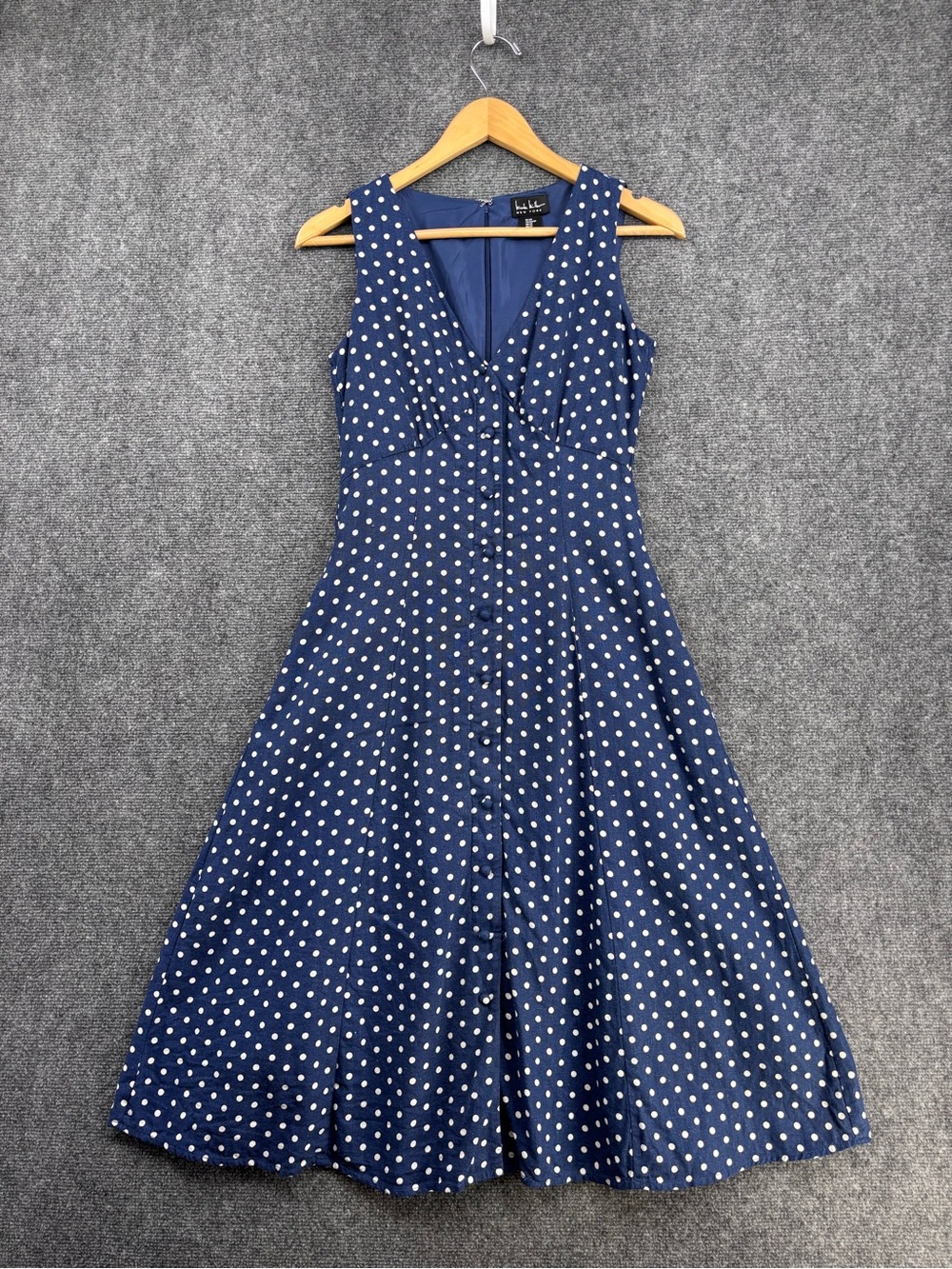 Nicole Miller Blue Polka Dot Classic Americana Sleeveless Midi Dress Women’s XS